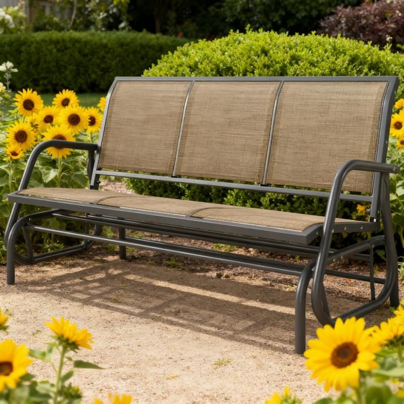 GDFStudio Outdoor Corliss Metal Mesh 3 Seat Glider Bench with Smooth Rocking - Brown+Grey