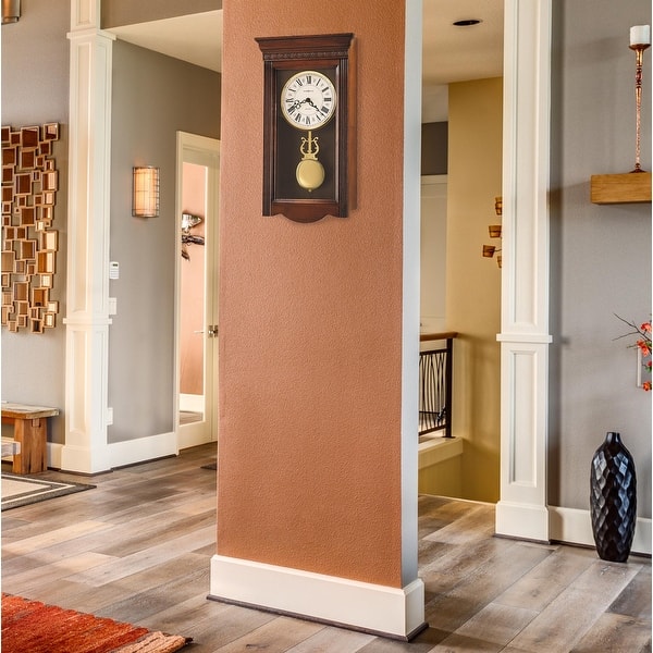 slide 2 of 2, Howard Miller Eastmont Grandfather Clock Style Chiming Wall Clock with Pendulum, Vintage, Old World, Classic Design Cherry