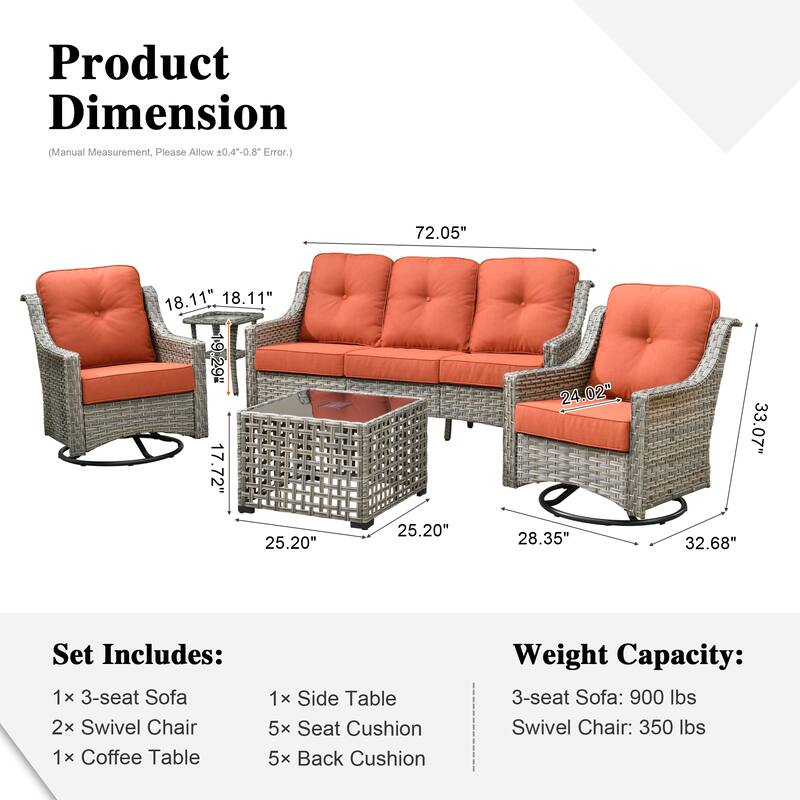 HOOOWOOO 5-piece Rattan Wicker Outdoor Conversation Set with Swivel Chair and Coffee Table