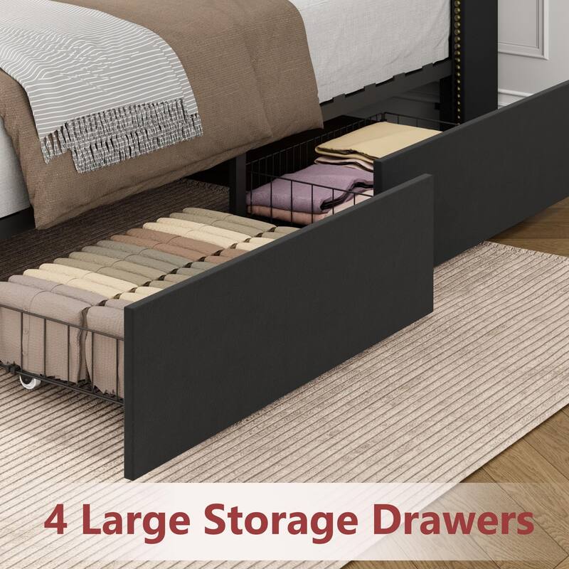 Velvet Bed Frame with 4 Storage Drawers