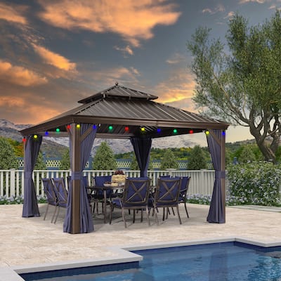 PURPLE LEAF Hardtop Aluminum Gazebo with Curtains and Netting, Double Roof Patio Gazebo, Bulbs included