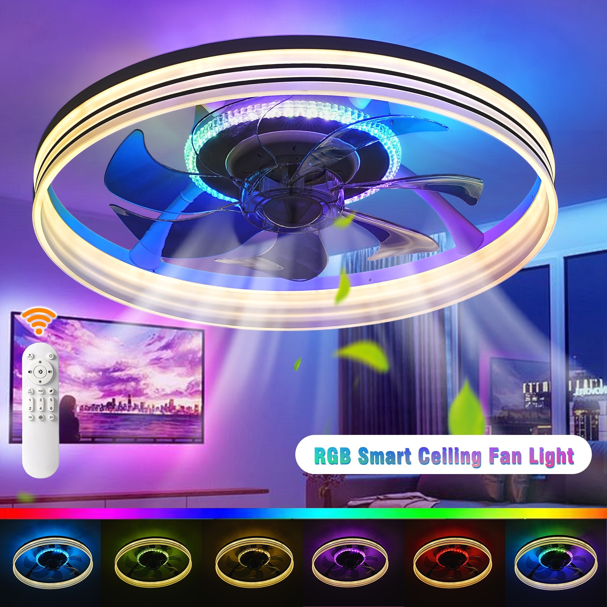 Smart Ceiling Fan With RGB Light, 18.9" Flush Mount, Reversible Motor For Summer/Winter, 6 Wind Speeds, Remote & Timer, Acrylic