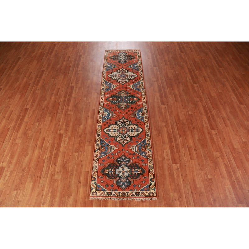 Hand Knotted Oriental 100% Wool Carpet Traditional Geometric Oranges & Rust Kazak Runner Rug - 9' 10'' X 2' 7''