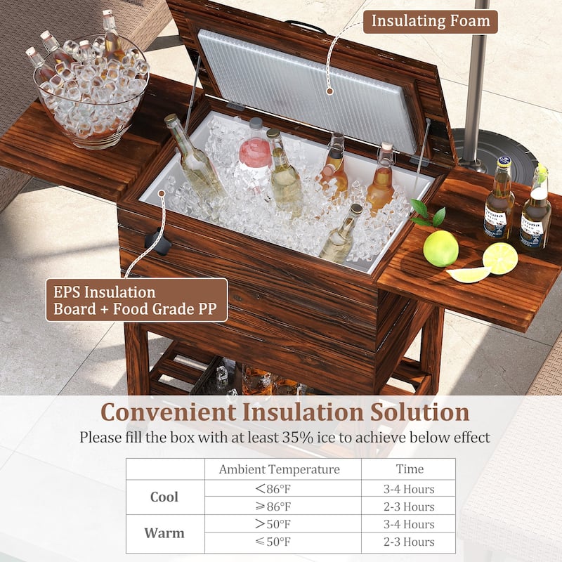 Gymax 54 Quart Rolling Wooden Patio Cooler Cart w/ 2 Drop Leaf Tables