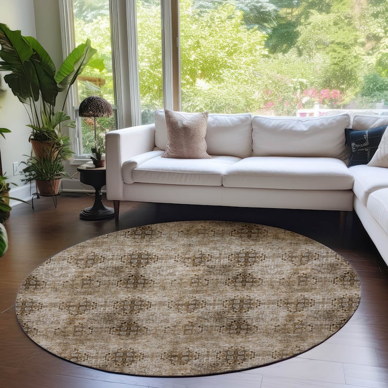 Machine Washable Indoor/ Outdoor Vintage Medallions Chantille Rug - Taupe - 8' x 8'