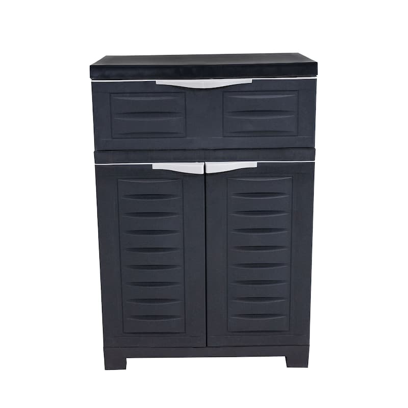 HomeRoots 35" Dark Gray Heavy Duty Plastic Two Door One Drawer Utility Cabinet - 23.50 in. x 34.50 in. x 13.75 in.