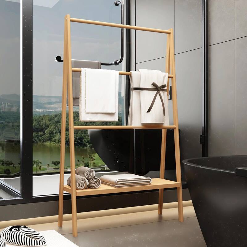 Eco-Friendly Bamboo Towel Rack with Bottom Shelf - Handmade, Lightweight, and Durable - Natural