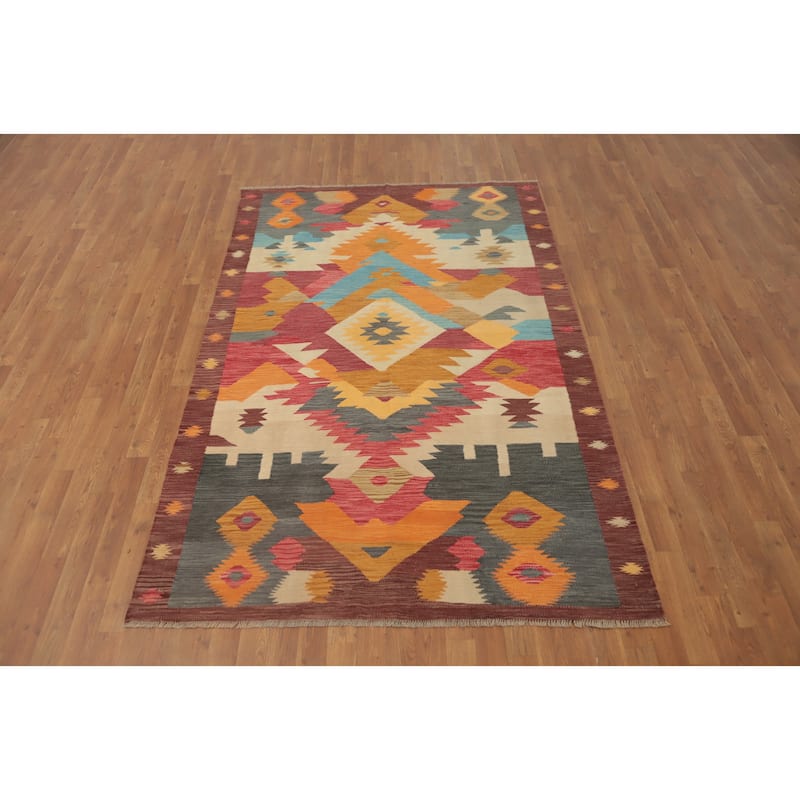 Hand Woven Oriental 100% Wool Carpet Southwestern Tribal Multi-Colored Kilim Area Rug - 8' 0'' X 5' 1''