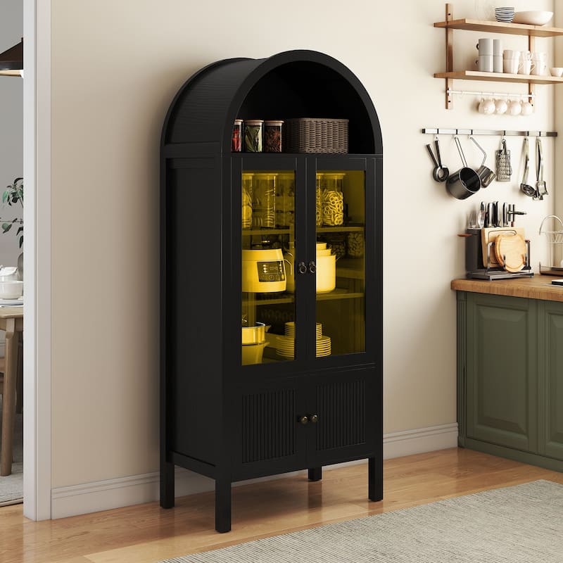 Moasis 71 Inch Tall Arched Display Cabinet with LED Lighting and Glass Doors for Living Room or Dining Room Storage - Black