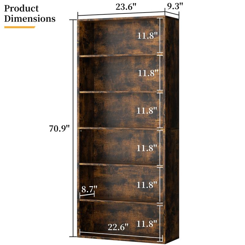 6-Tier Wooden Bookshelf - Rustic Storage Shelf for Living Room, Office & Bedroom , Easy Assembly