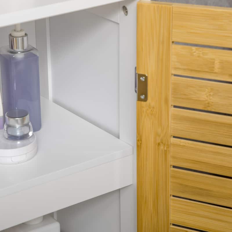 kleankin Bathroom Floor Cabinet, Side Storage Organizer Cabinet with Bamboo Doors, Adjustable Shelves, White and Natural