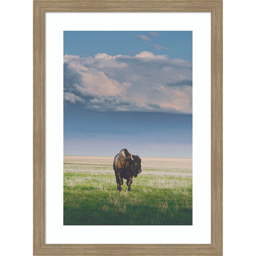 Sunlight Bison by Annie Bailey Art Wood Framed Wall Art Print - Woodgrain Stripe Mocha