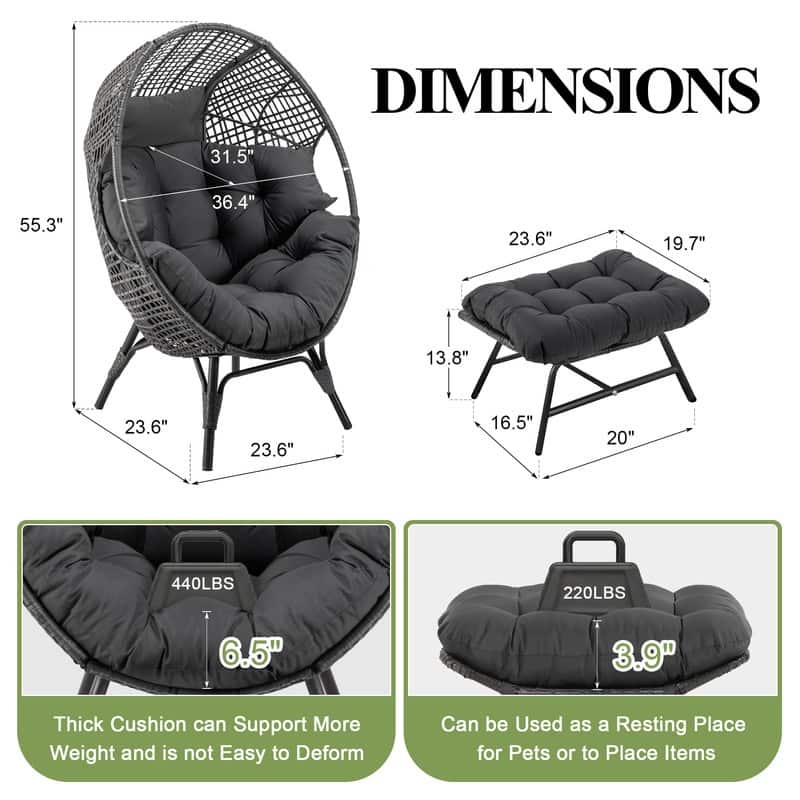 FINCATI Oversized Wicker Egg Chair with Ottoman Indoor Outdoor Accent Chair