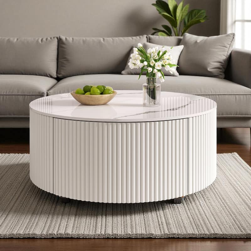 29.5'' Modern Round Movable Coffee Table with 2 Drawers, Sintered Stone Marble Top & Casters for Living Room