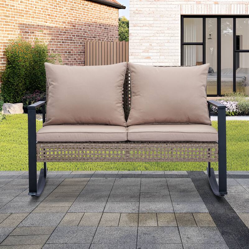 Ainfox Patio Double Outdoor Rocking Chair Bench Loveseat with Cushions - Khaki