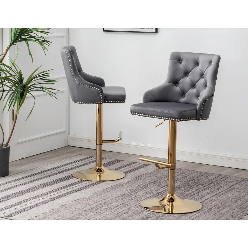 2-Piece Adjustable Swivel Bar Stool Set - Gray Velvet with Gold Base & Nailhead Trim