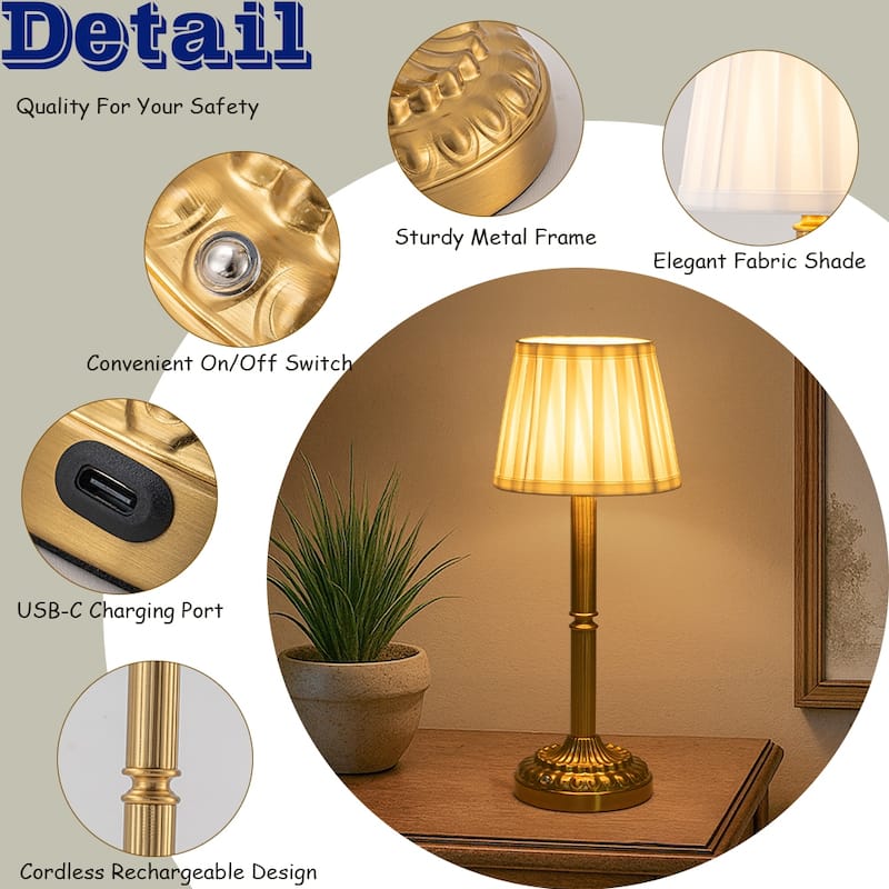 ALOADECOR Glam Cordless Brass Table Lamp Touch Control with 3 Way Classic Elegant Dimmable LED Nightstand Lamp with Fabric Shade