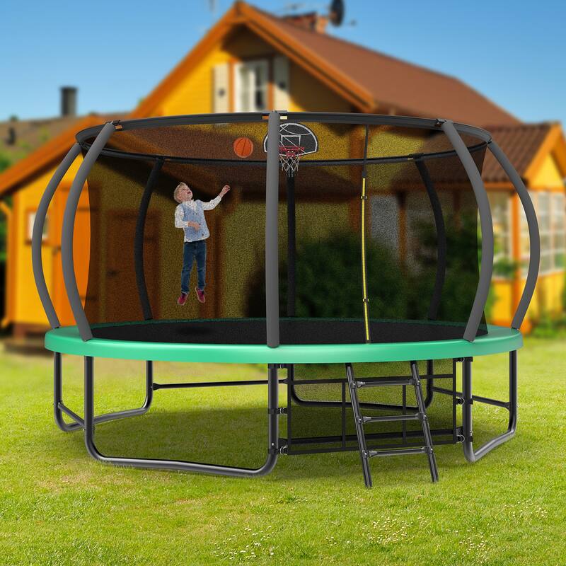 14FT Trampoline with Enclosure Recreational Trampolines with Ladder and AntiRust Coating, ASTM Approval Trampoline for Kids