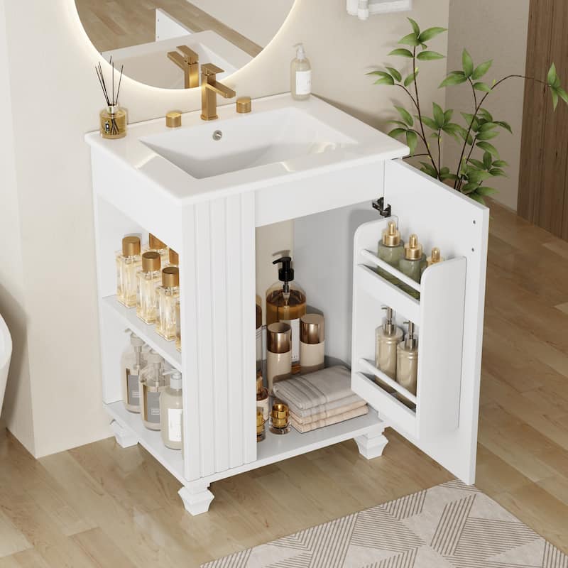 Anmytek 24 Inch Bathroom Vanity Cabinet with Sink Side Open Storage Door Shelf Solid Wood Frame Soft Closing Door White - Painted - White