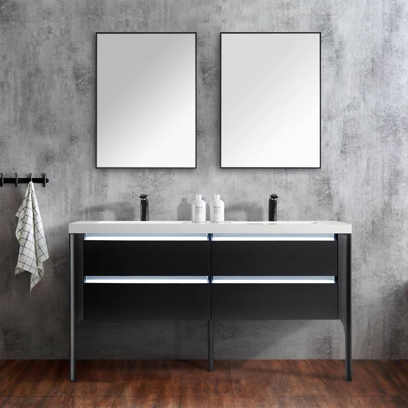 Willa 60" Double Bathroom Vanity Set with LED Lights - Black - Double Vanities