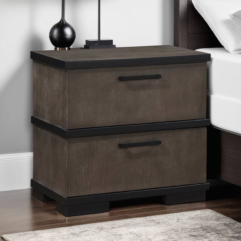 Acy Nightstand, 2 Drawers, Brownish Gray and Black Wood, Bar Handles