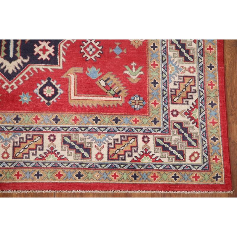 Hand Knotted Oriental 100% Wool Carpet Traditional Geometric Red Kazak Area Rug - 9' 6'' X 6' 4''
