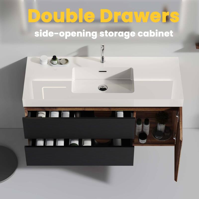 Wall Mounted Bathroom Vanity with Glossy White Solid Surface Sink
