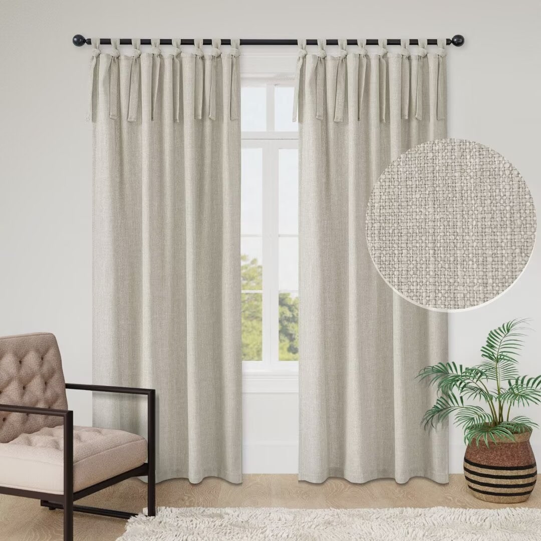 Linen Texture Tie Top Room Darkening Curtain Pair(2 panels)