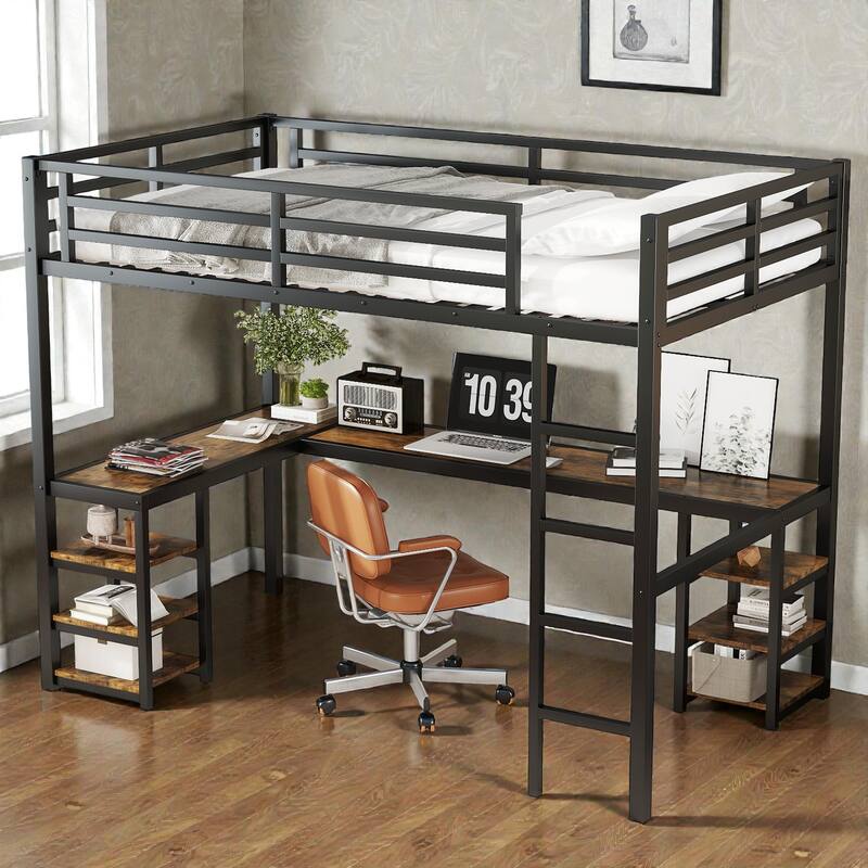 Twin XL Metal Loft Bed with Desk and Shelves, L Shaped Loft Bed Frame with Ladder and Guardrails