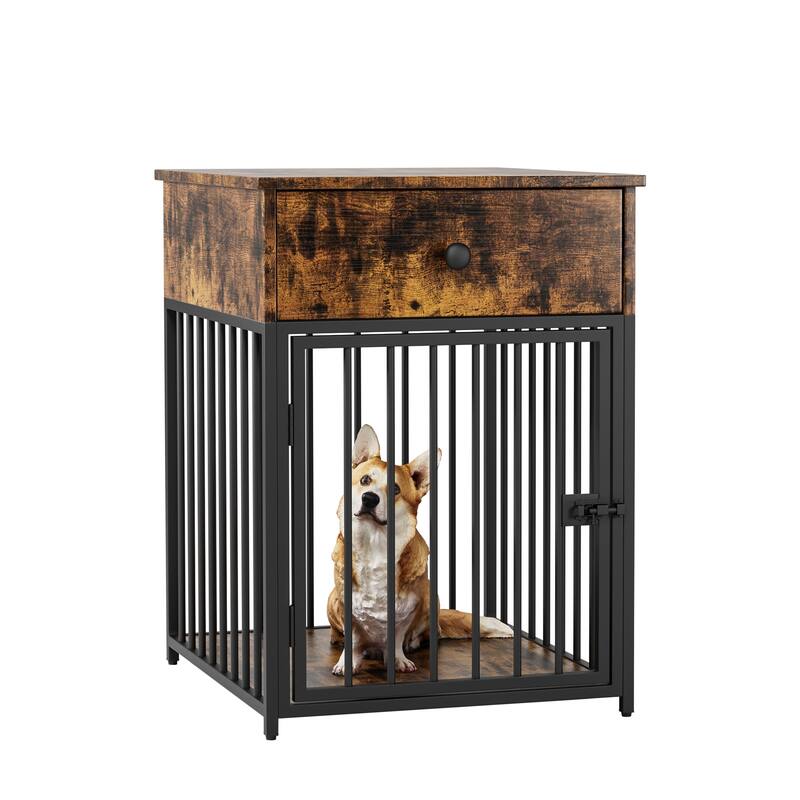 Dog Crate Furniture, Dog House, Decorative Dog Kennel with Drawer, Indoor Pet Crate End Table for Small Dog, Iron-Tube Dog Cage
