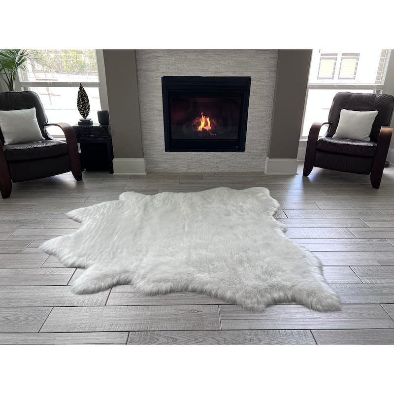 Ovella Home Premium Faux Buffalo Skin Shag Rug - 6' x 7' Animal Shape - White