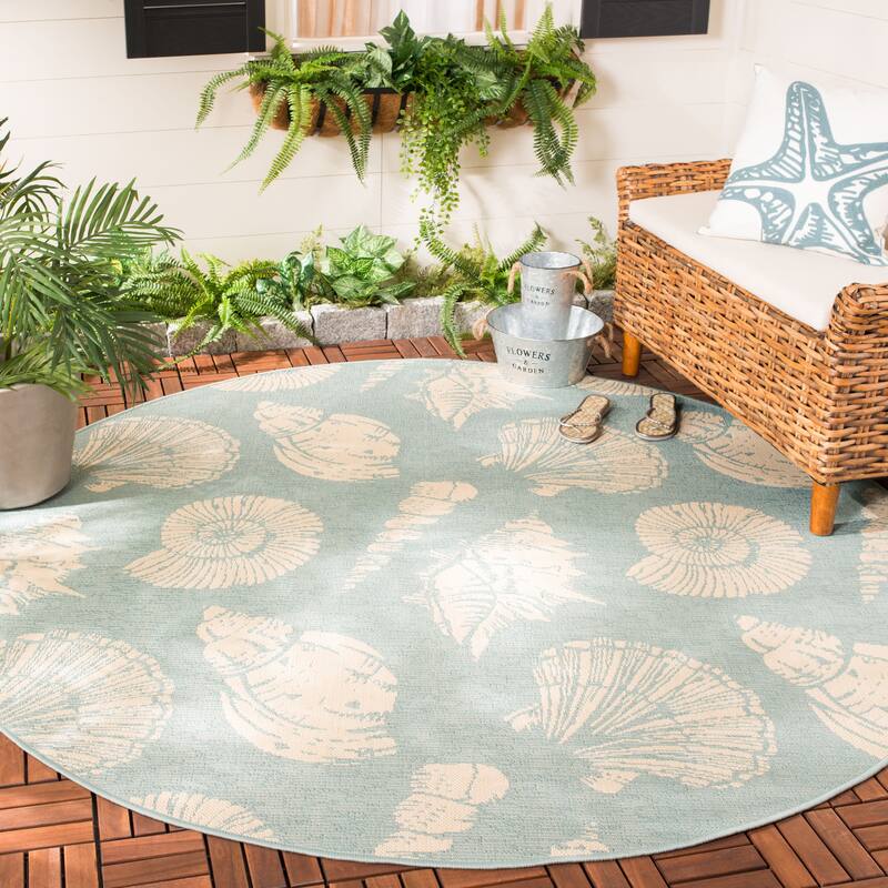SAFAVIEH Courtyard Morvyn Indoor/ Outdoor Waterproof Patio Backyard Rug - 6'7" Round - Aqua/Beige