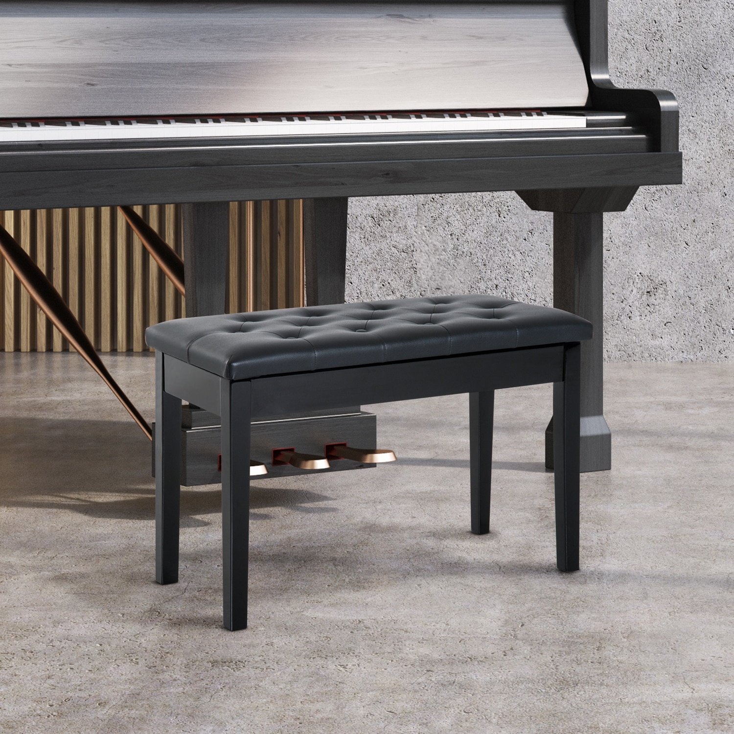 Piano Bench With Faux Leather Padded Cushion And Tufted Design