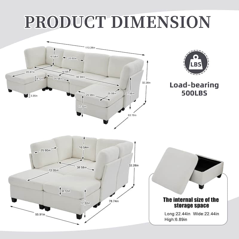 HOMEFUN 6-Seat Polyester Upholstered U-Shaped Modular Storage Sleeper Sectional Sofa with Storage Ottoman