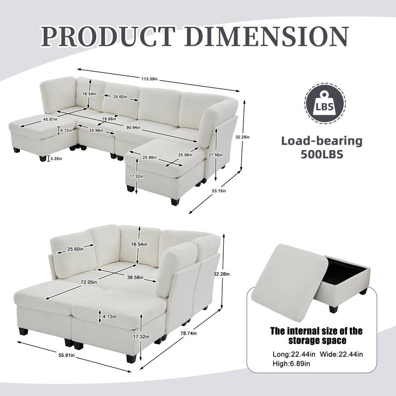 Modular Sleeper Sofa Bed U-shaped Sectional Couches with Hidden Storage Seat and Ottomans, Freely Combinable Chaise Lounge Sofa