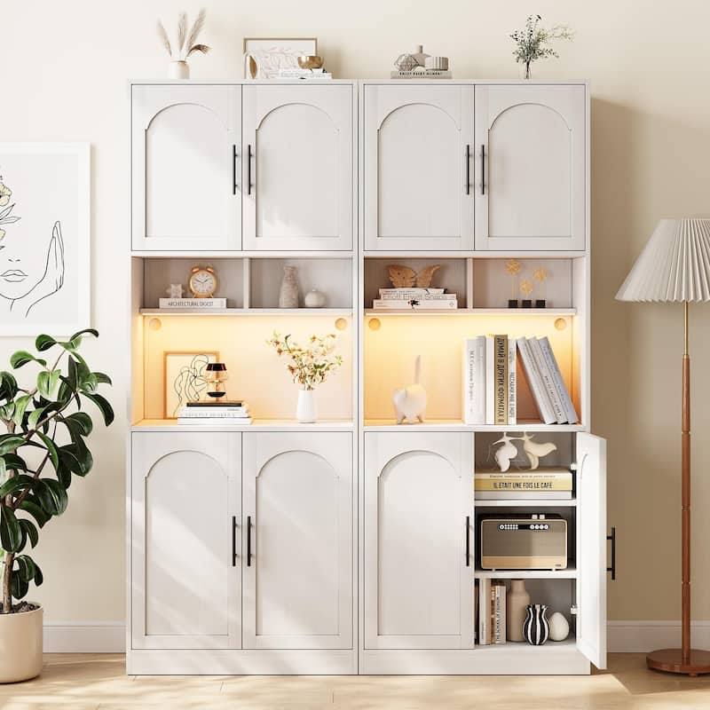 71" Tall Kitchen Pantry Storage Cabinet with Microwave Shelf and LED Light, Hutch Cabinet with Doors and Adjustable Shelves