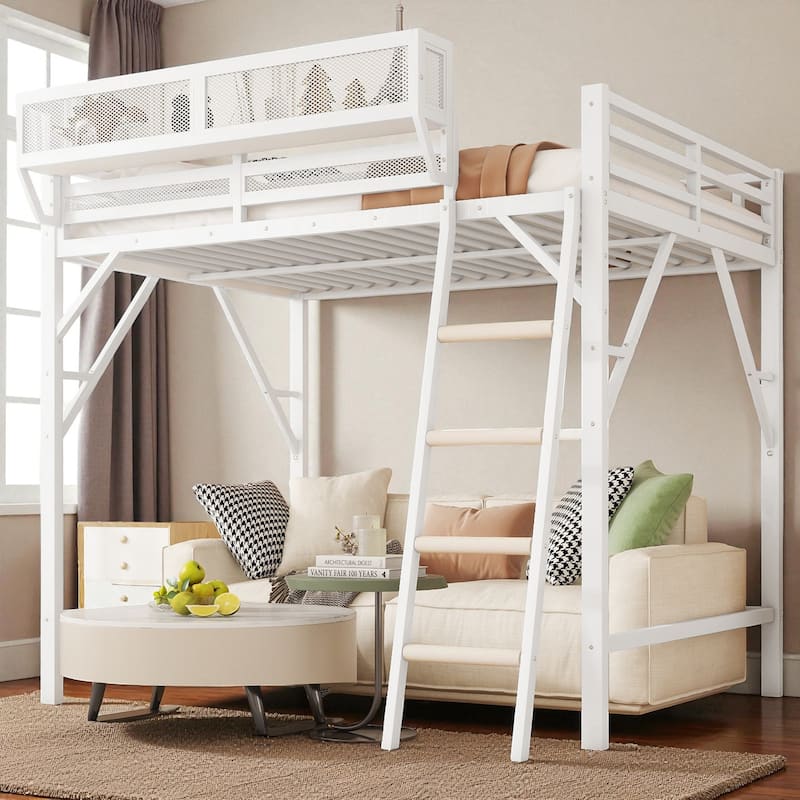 Queen Size Metal Loft Bed with Ladder and Storage Shelves, High Loft Bed Frame for Kids and Teens