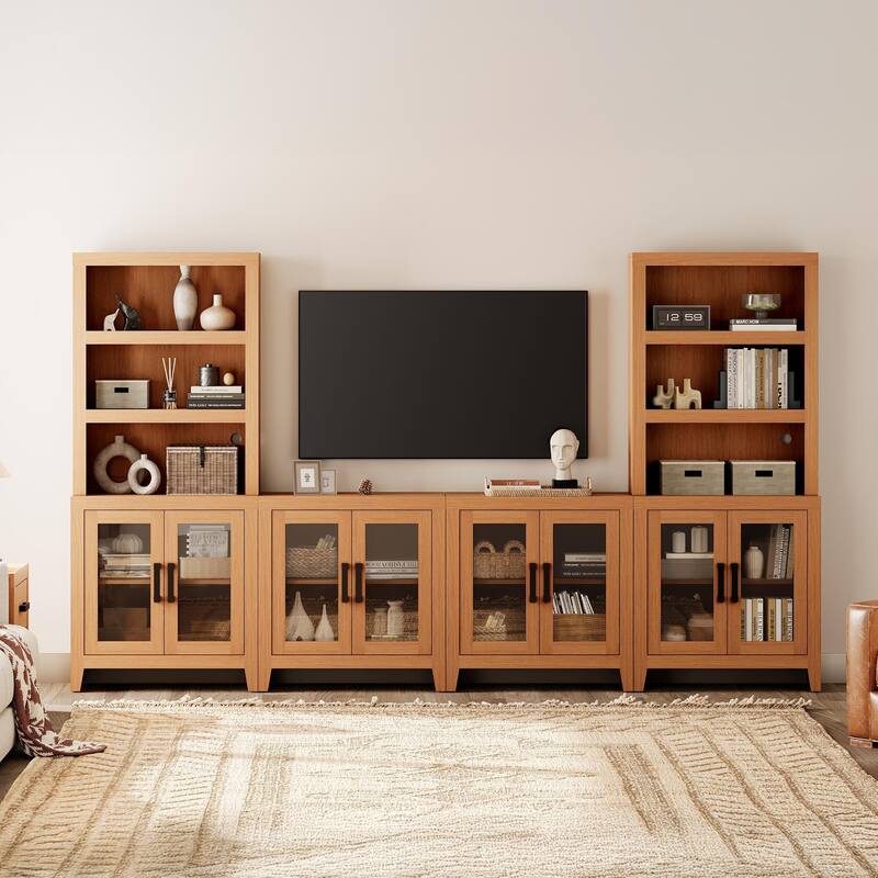 WAMPAT Farmhouse Entertainment Center with Bookshelves, Modular TV Stand with Storage Cabinets & Glass Doors - Mocha