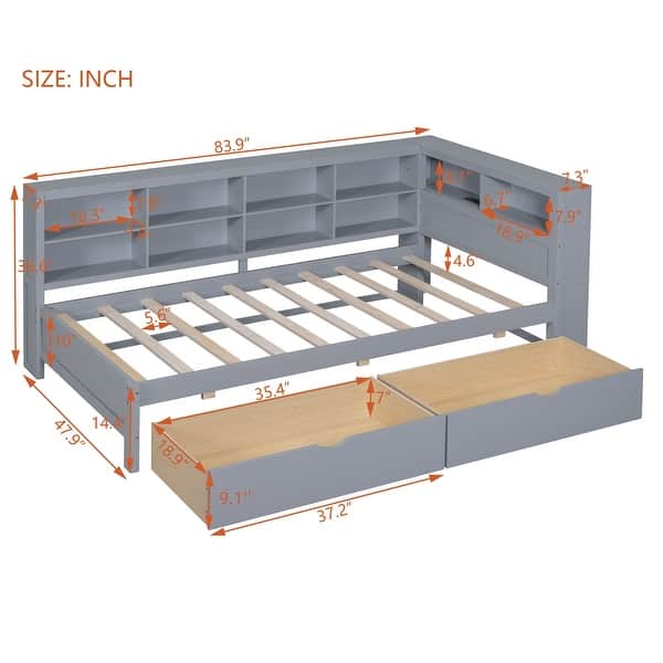 dimension image slide 5 of 8, L-shape Daybed Wooden Sofa Bed Corner Bed with Bookcase Guardrail Built-in USB Charging Ports, Space-saving Bed