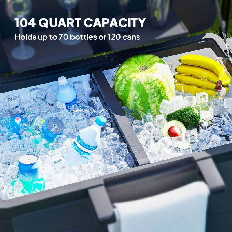 Patio Cooler Cart with Swivel Casters, Folding Lid, Bottle Opener, Towel Rack, Foldable Side Tables - 37" L x 22" W x 33.9" H