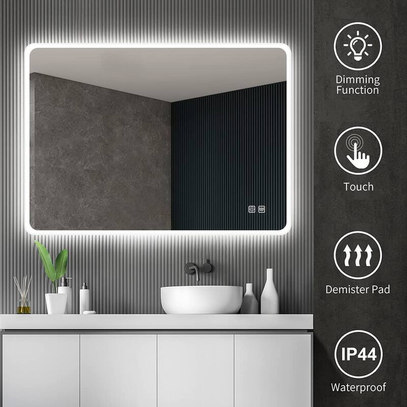 Rectangular Wall-Mounted Dimmable LED Bathroom Vanity Mirror with Defogger and Bluetooth Music Speaker