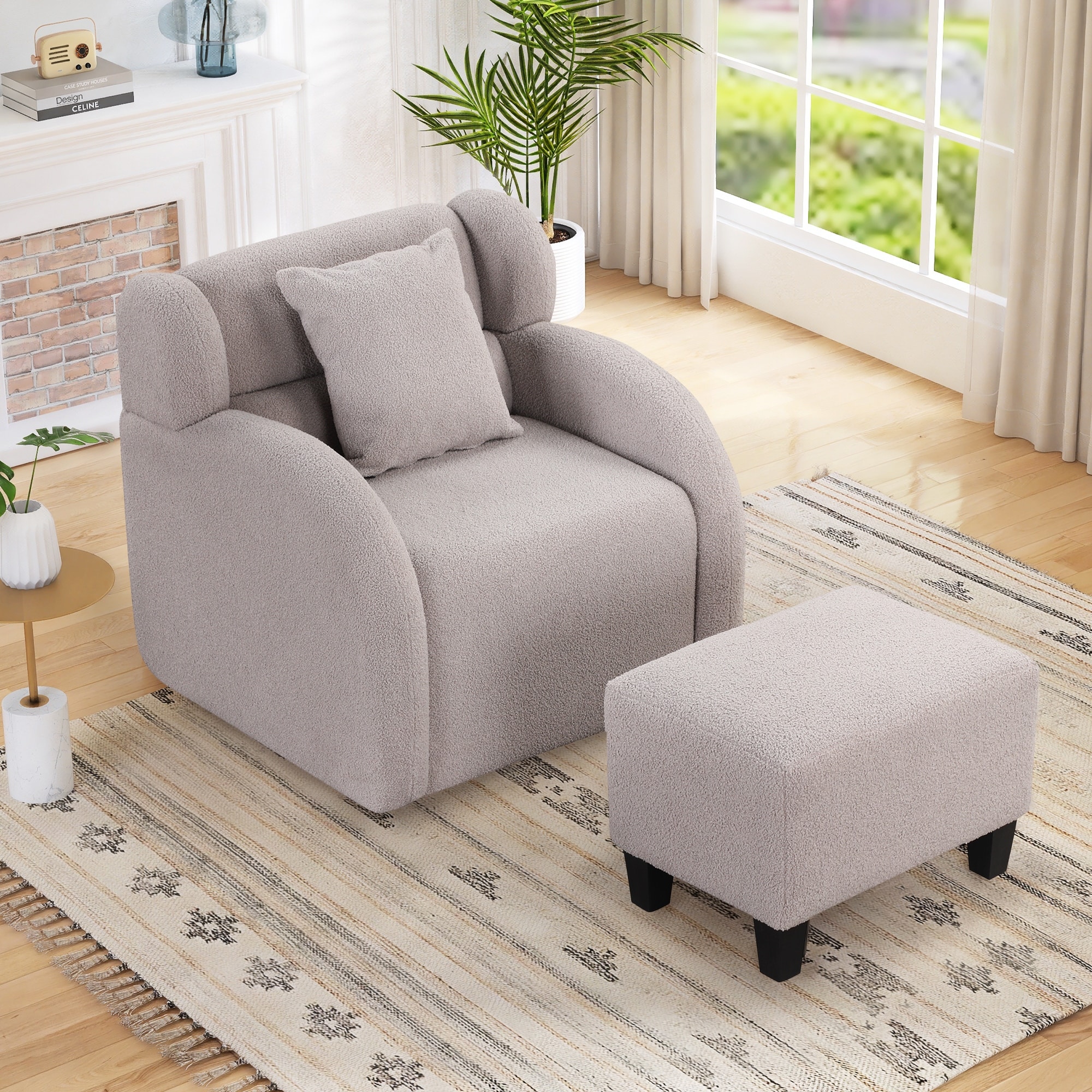 Grey velvet armchair shop and footstool