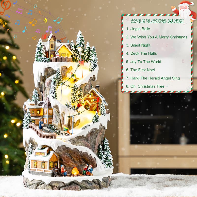 Glitzhome 15.50"H Lighted Christmas Skiing Moutain Resin Village with Movement and Music
