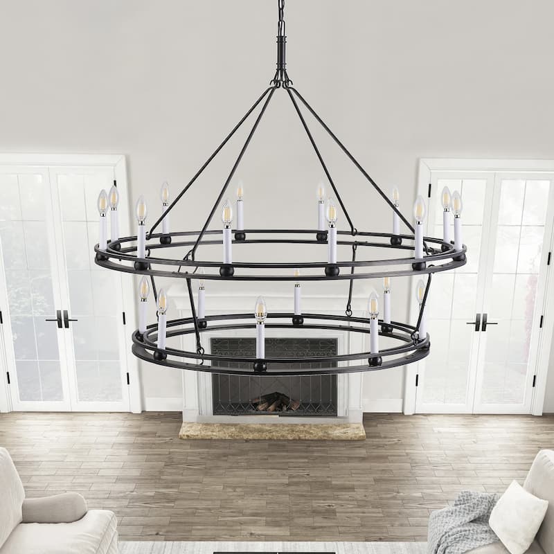 20-Lights Matte Black Wagon Wheel Chandelier - 43.3"D×4.7"W×160.6"H（Adjustable）