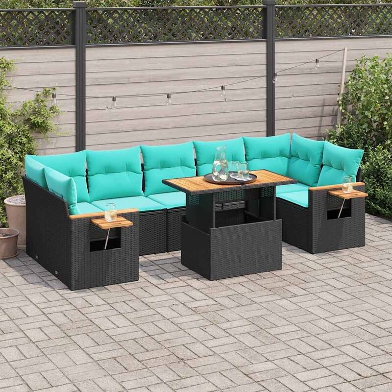 vidaXL 8 Piece Patio Sofa Set with Cushions Black Poly Rattan - 21.7 x 24.4 x 27.2