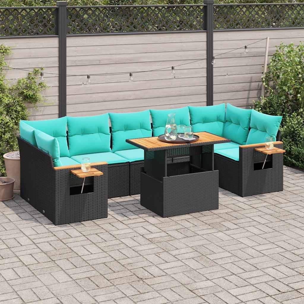 vidaXL 8 Piece Patio Sofa Set with Cushions Black Poly Rattan - 21.7 x 24.4 x 27.2