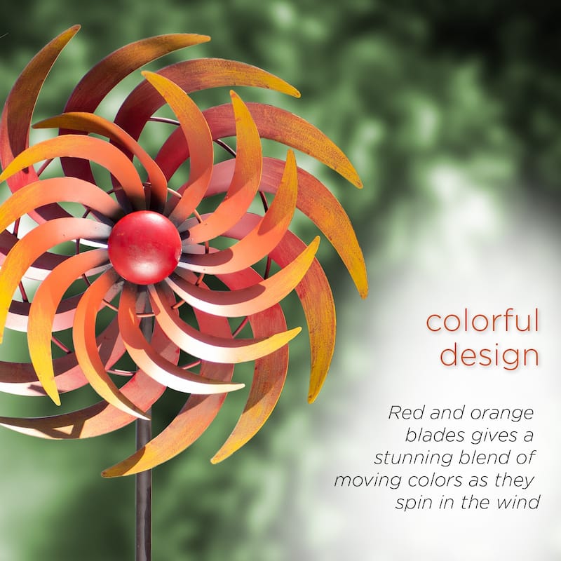 Alpine Corporation 75" Tall Outdoor Dual Metal Rustic Garden Kinetic Wind Spinner Stake, Red and Orange