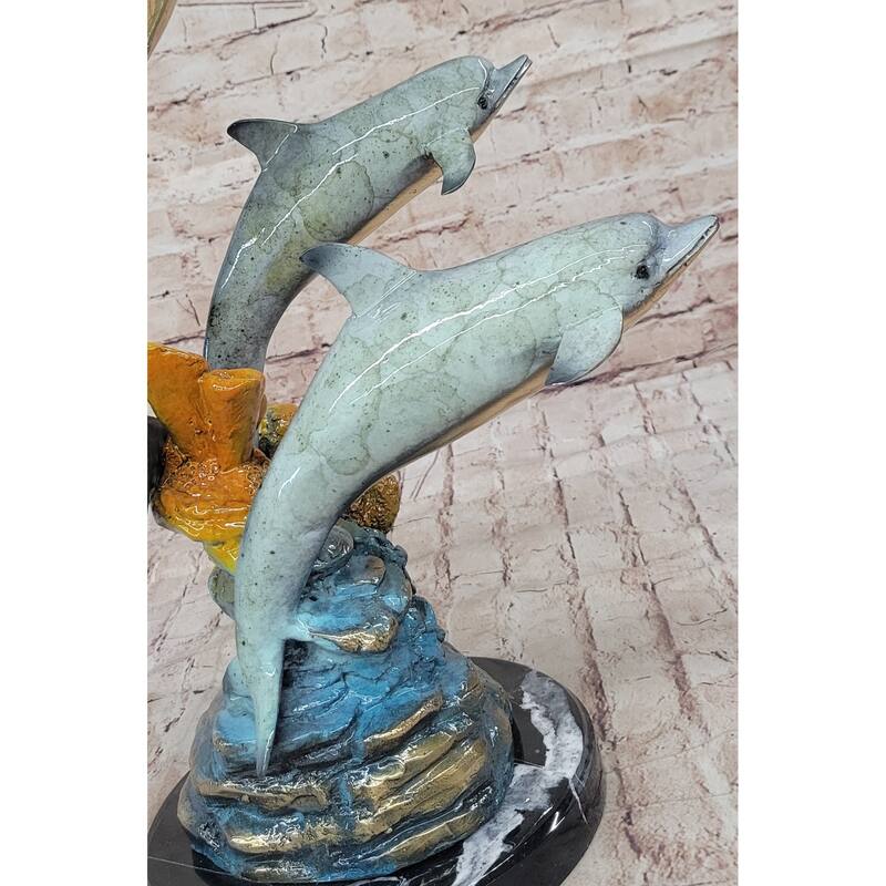 Colorful Bronze Sculpture Of Three Imitative Dolphins Leaping From Water - Signed Numbered Marine Life Art