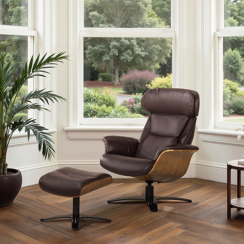 Jovan 31.5" Genuine Leather Recliner Lounge Chair with Ottoman - Cacao Espresso Brown Leather