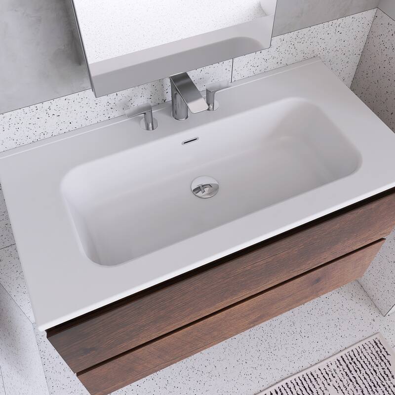Floating Integrated Bathroom Vanity with Ceramic Sink, Three Faucet Holes